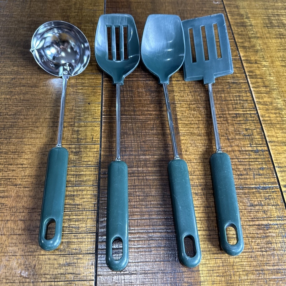 Vtg Hunter Green Cooking Utensils Country Cabin Grannycore 4pc